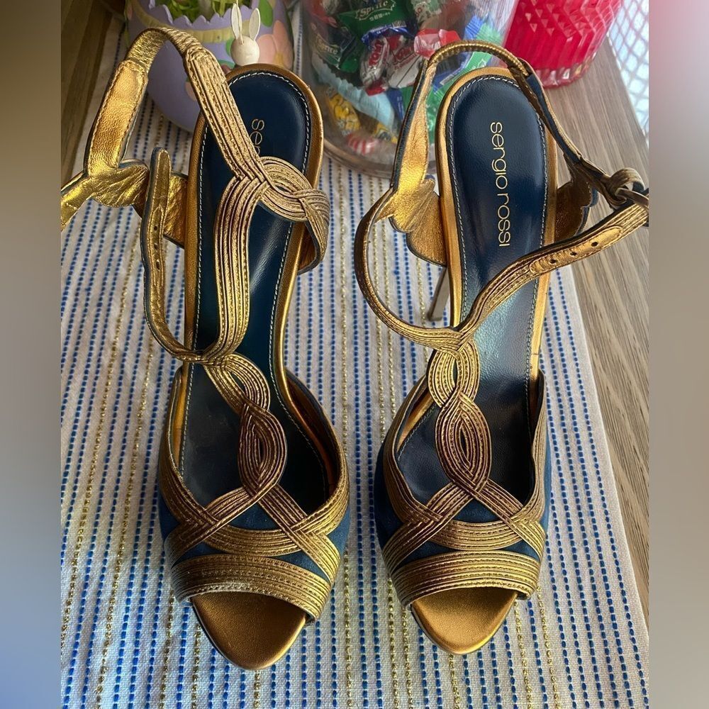 SERGIO ROSSI Bronze and Blue Metallic Platform Sandal Heels Size 39